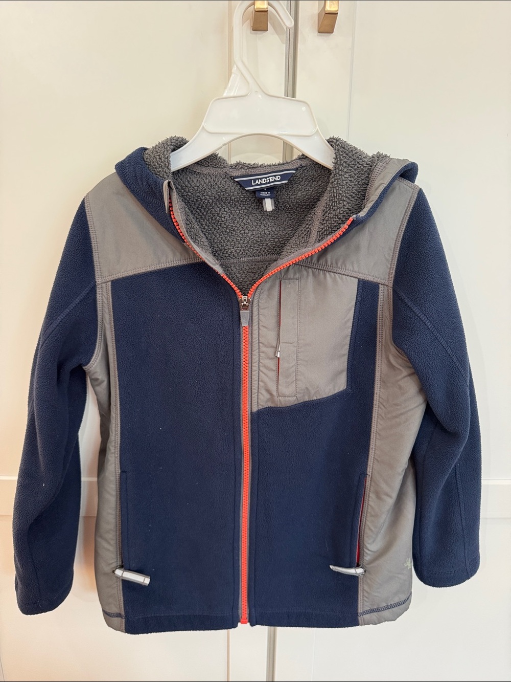 Lands' End Navy and Gray Hooded Fleece Jacket with Orange Zipper size S(8)